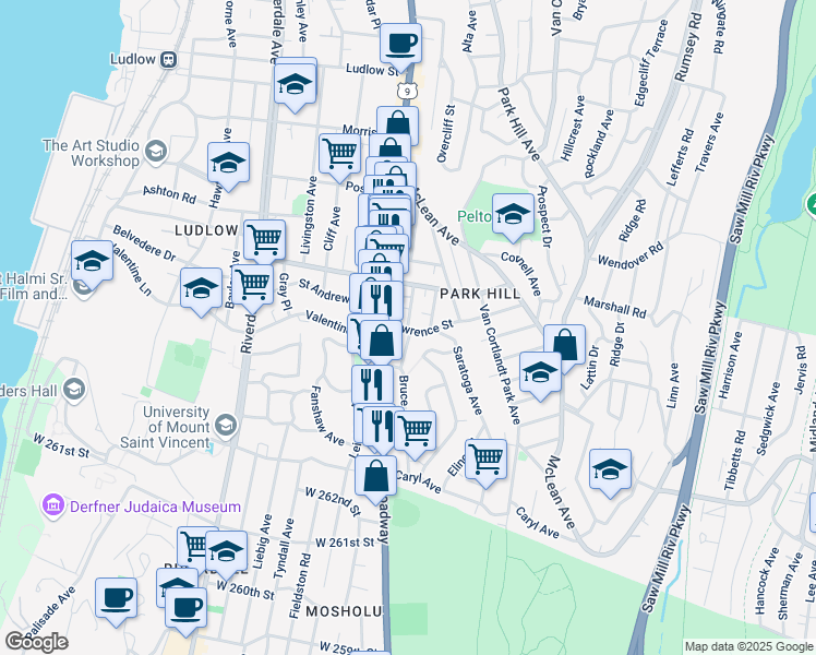 map of restaurants, bars, coffee shops, grocery stores, and more near 59 Bruce Avenue in Yonkers