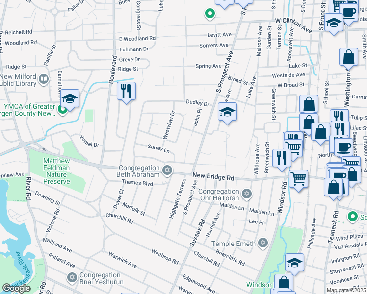 map of restaurants, bars, coffee shops, grocery stores, and more near 11 Surrey Lane in Bergenfield