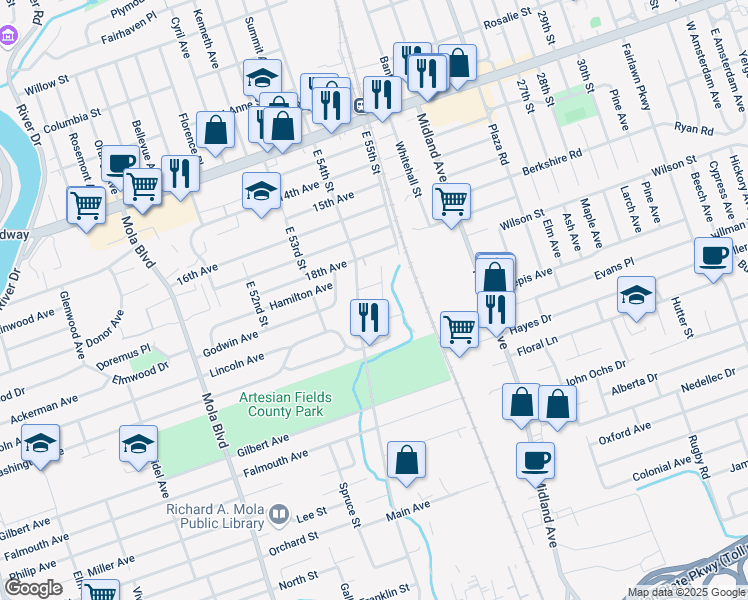 map of restaurants, bars, coffee shops, grocery stores, and more near 153 East 54th Street in Elmwood Park