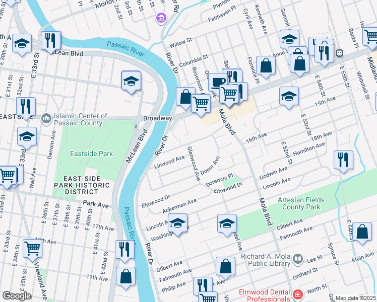 map of restaurants, bars, coffee shops, grocery stores, and more near 42 Linwood Avenue in Elmwood Park