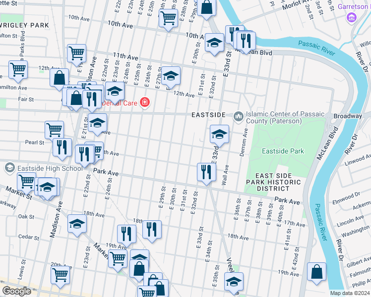 map of restaurants, bars, coffee shops, grocery stores, and more near 327 East 30th Street in Paterson
