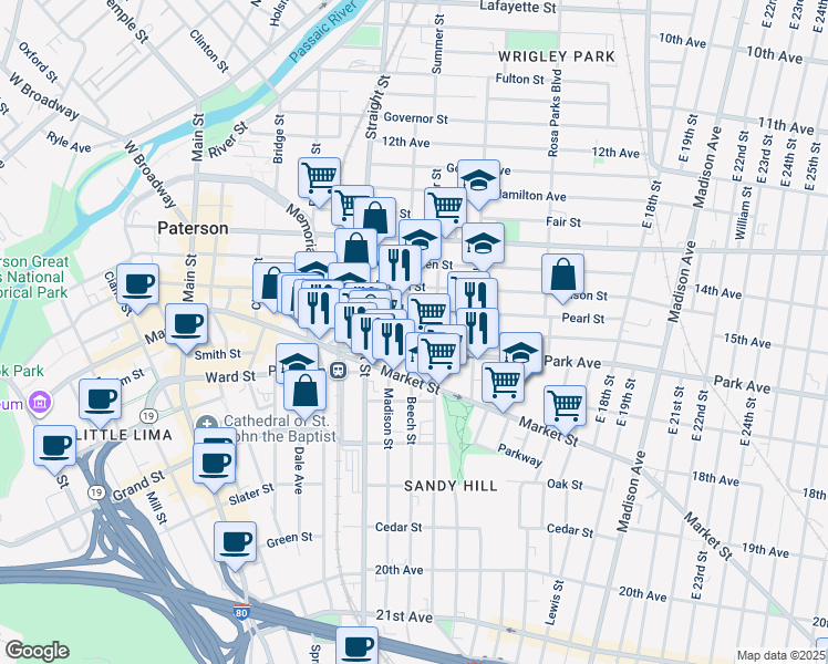 map of restaurants, bars, coffee shops, grocery stores, and more near 51/57 Park Avenue in Paterson