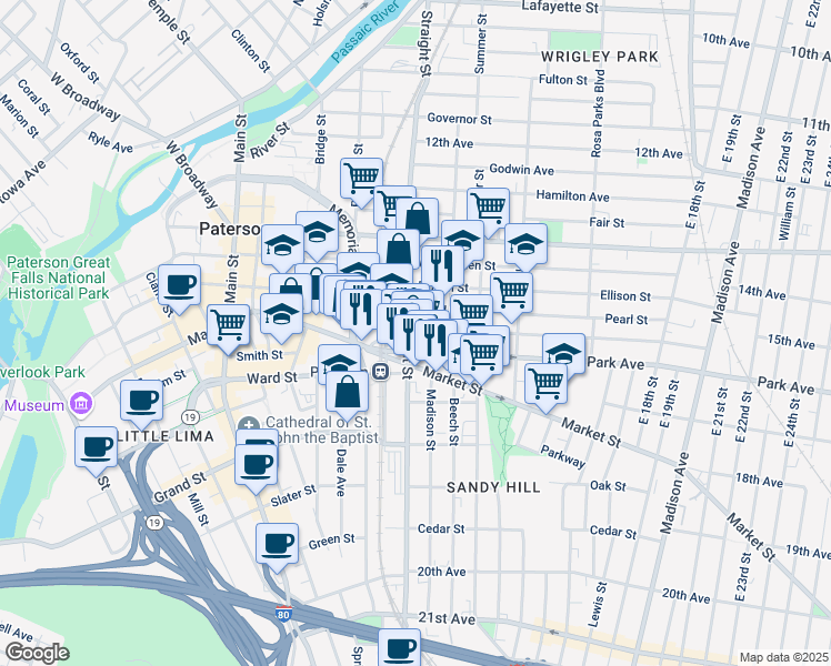 map of restaurants, bars, coffee shops, grocery stores, and more near 21 Park Avenue in Paterson