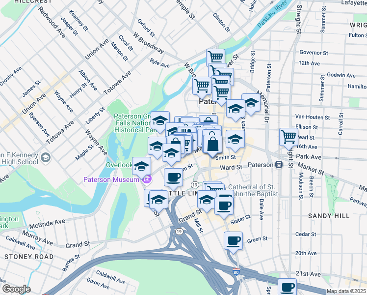 map of restaurants, bars, coffee shops, grocery stores, and more near 74 Market Street in Paterson