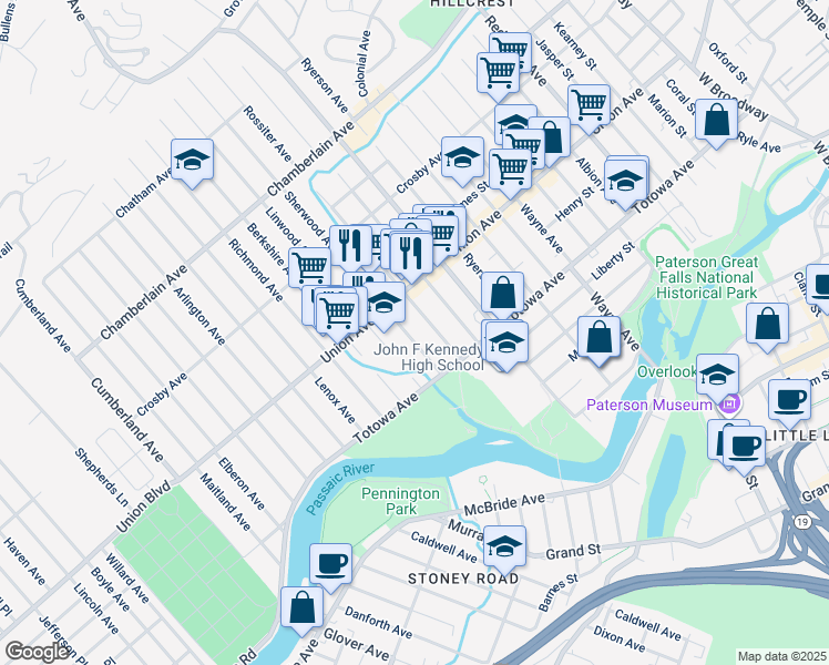 map of restaurants, bars, coffee shops, grocery stores, and more near 35A Sherwood Avenue in Haledon