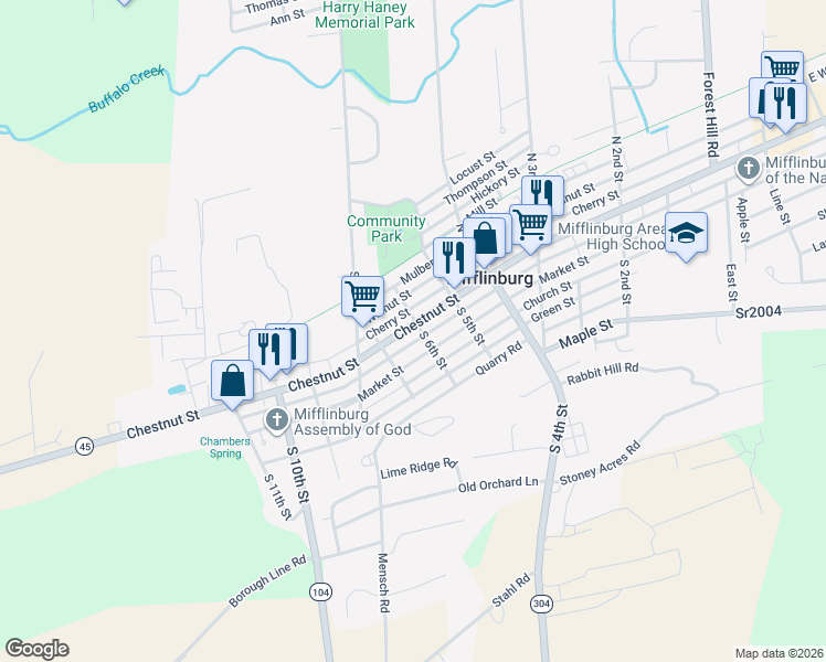map of restaurants, bars, coffee shops, grocery stores, and more near 606 Market Street in Mifflinburg