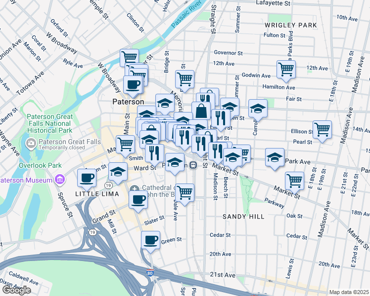 map of restaurants, bars, coffee shops, grocery stores, and more near in Paterson