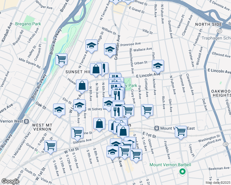 map of restaurants, bars, coffee shops, grocery stores, and more near 180 Gramatan Avenue in Mount Vernon
