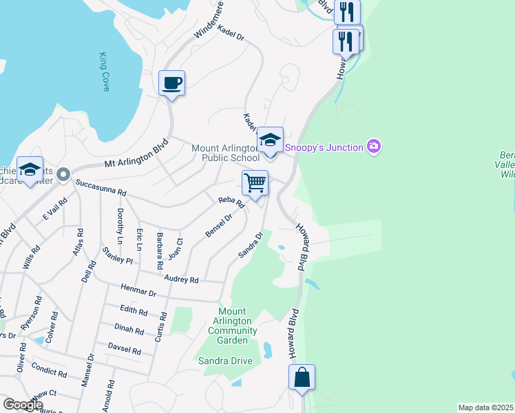 map of restaurants, bars, coffee shops, grocery stores, and more near 501 Bensel Drive in Mount Arlington