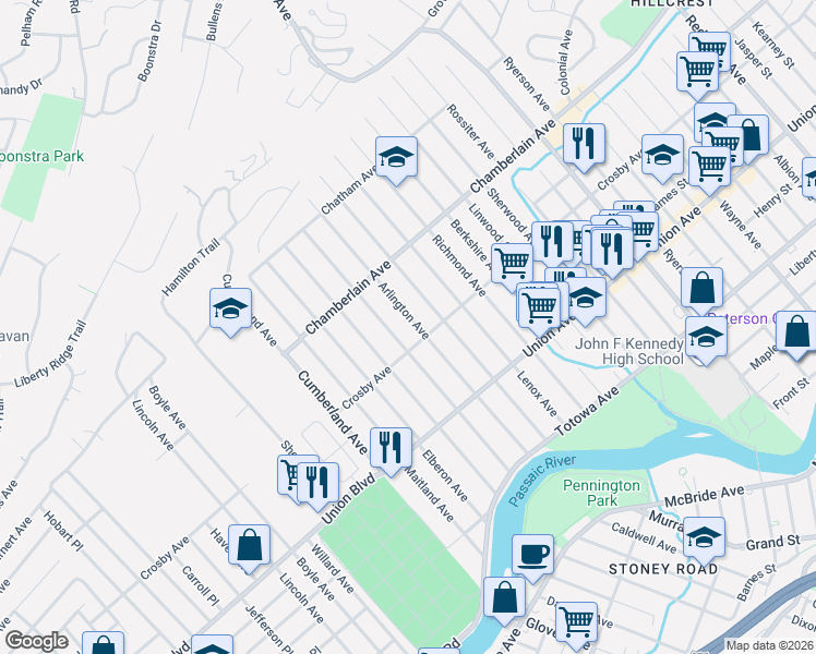 map of restaurants, bars, coffee shops, grocery stores, and more near 85 Crosby Avenue in Paterson