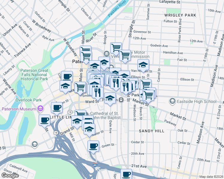 map of restaurants, bars, coffee shops, grocery stores, and more near 145 Federal Plaza in Paterson