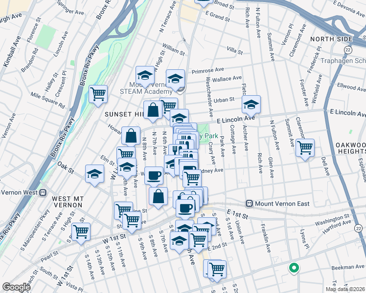 map of restaurants, bars, coffee shops, grocery stores, and more near 180 Gramatan Avenue in Mount Vernon