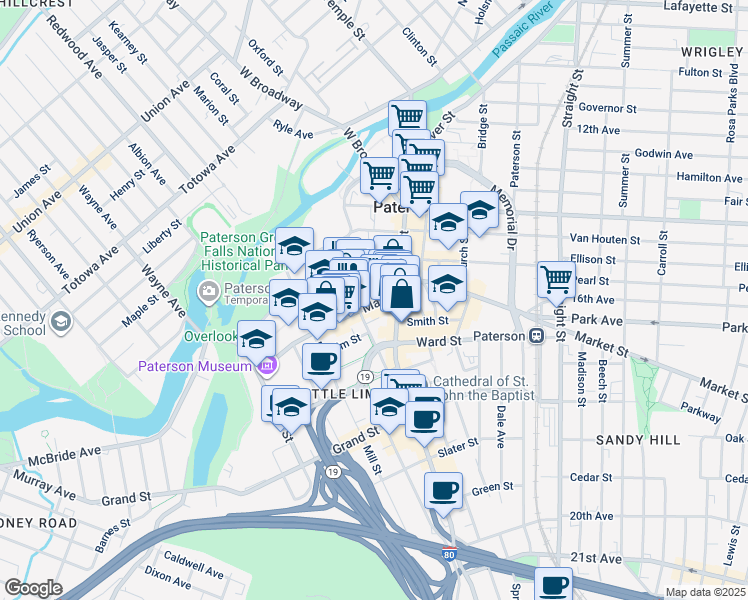 map of restaurants, bars, coffee shops, grocery stores, and more near 74 Market Street in Paterson