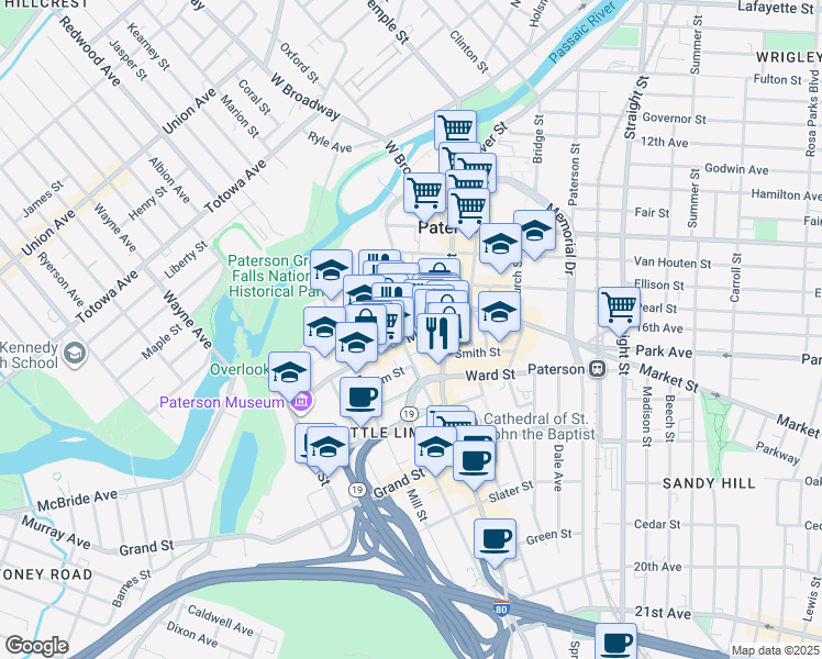 map of restaurants, bars, coffee shops, grocery stores, and more near 74 Market Street in Paterson