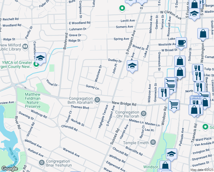 map of restaurants, bars, coffee shops, grocery stores, and more near 11 Surrey Lane in Bergenfield