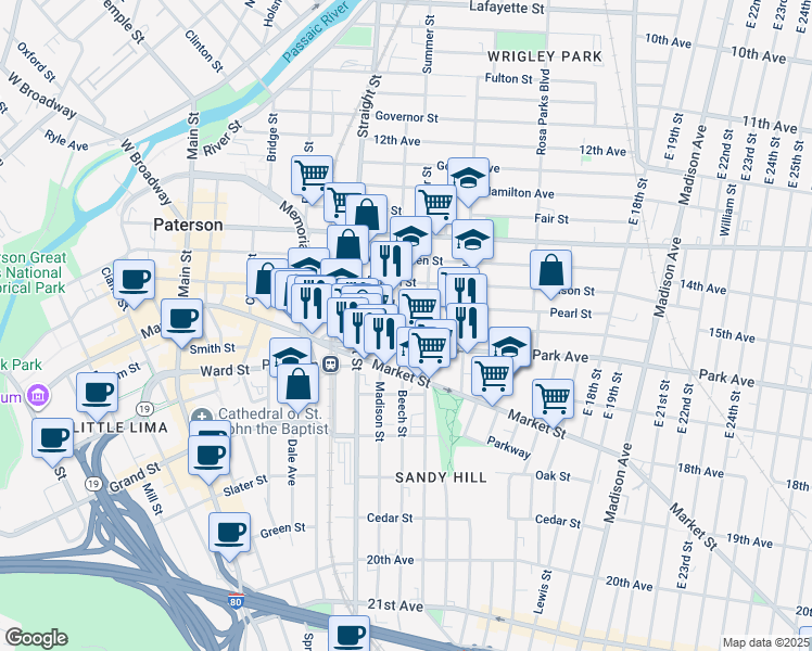 map of restaurants, bars, coffee shops, grocery stores, and more near 51/57 Park Avenue in Paterson