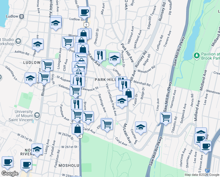 map of restaurants, bars, coffee shops, grocery stores, and more near 492 Van Cortlandt Park Avenue in Yonkers