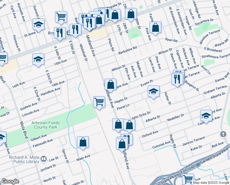 map of restaurants, bars, coffee shops, grocery stores, and more near 306 Evans Place in Saddle Brook