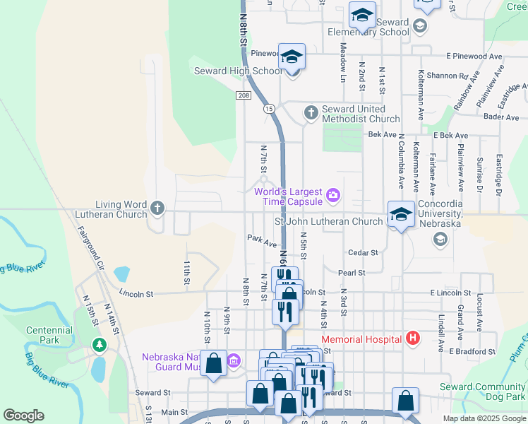 map of restaurants, bars, coffee shops, grocery stores, and more near Hillcrest Drive in Seward