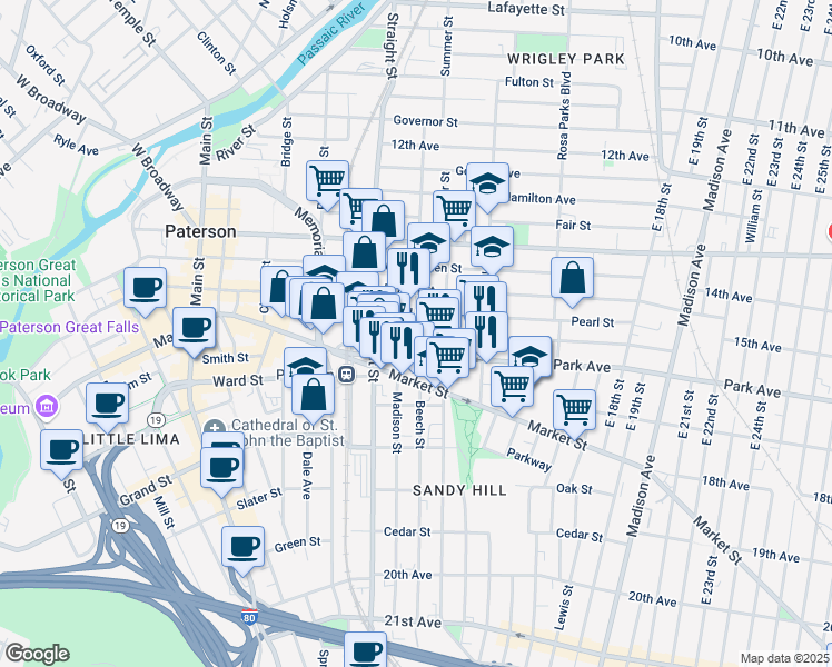 map of restaurants, bars, coffee shops, grocery stores, and more near 68 16th Avenue in Paterson