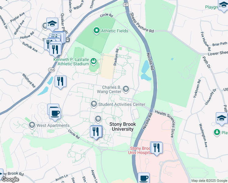 map of restaurants, bars, coffee shops, grocery stores, and more near 100 Nicolls Road in Stony Brook
