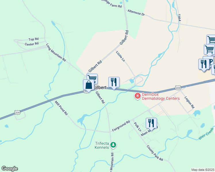 map of restaurants, bars, coffee shops, grocery stores, and more near 1257 U.S. 209 in Gilbert