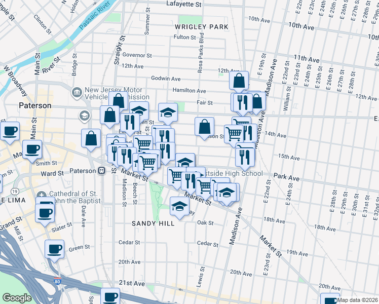 map of restaurants, bars, coffee shops, grocery stores, and more near 169 16th Avenue in Paterson