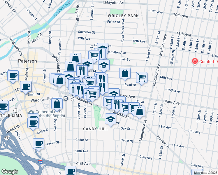 map of restaurants, bars, coffee shops, grocery stores, and more near 145 16th Avenue in Paterson