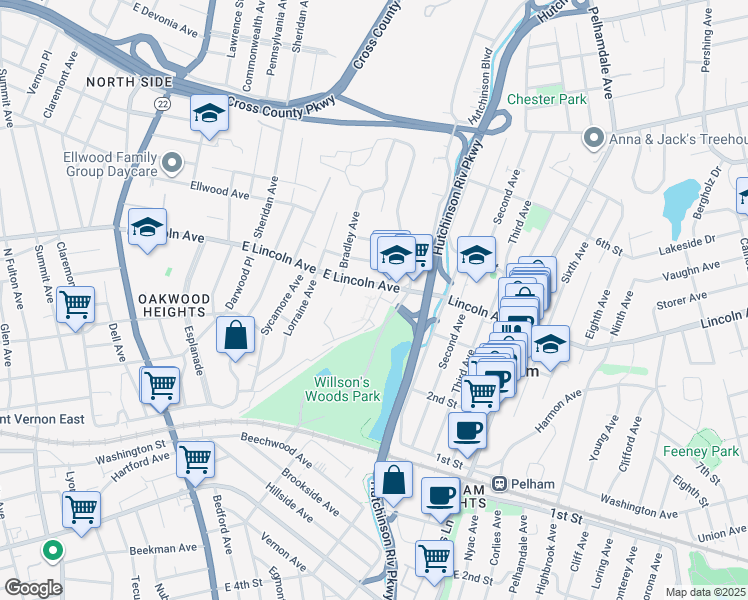 map of restaurants, bars, coffee shops, grocery stores, and more near 171 Pearsall Drive in Mount Vernon