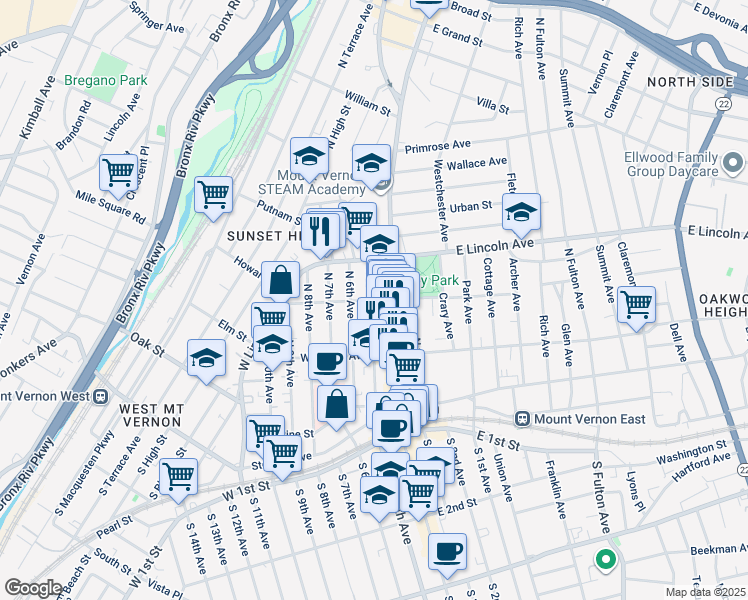 map of restaurants, bars, coffee shops, grocery stores, and more near 133 North 6th Avenue in Mount Vernon