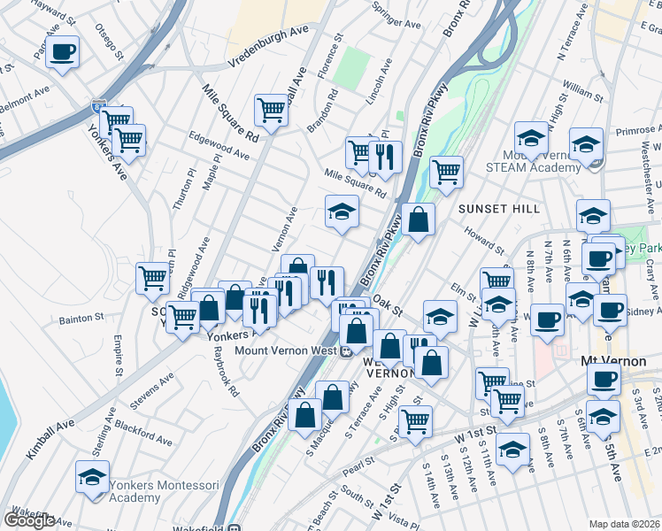 map of restaurants, bars, coffee shops, grocery stores, and more near 17 Crescent Place in Yonkers