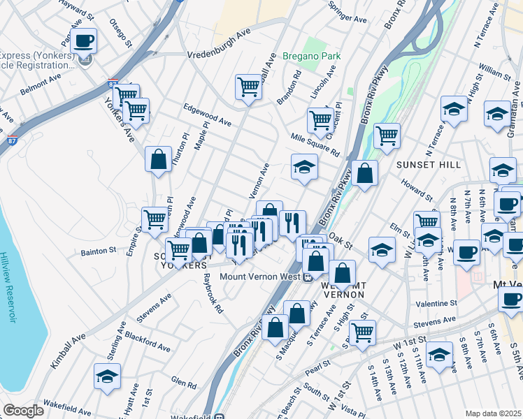 map of restaurants, bars, coffee shops, grocery stores, and more near 24 Vernon Place in Yonkers