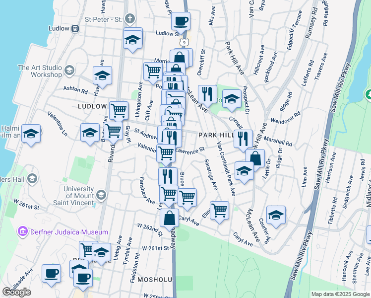 map of restaurants, bars, coffee shops, grocery stores, and more near 59 Bruce Avenue in Yonkers