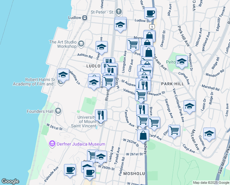 map of restaurants, bars, coffee shops, grocery stores, and more near 33 Valdale Avenue in Yonkers