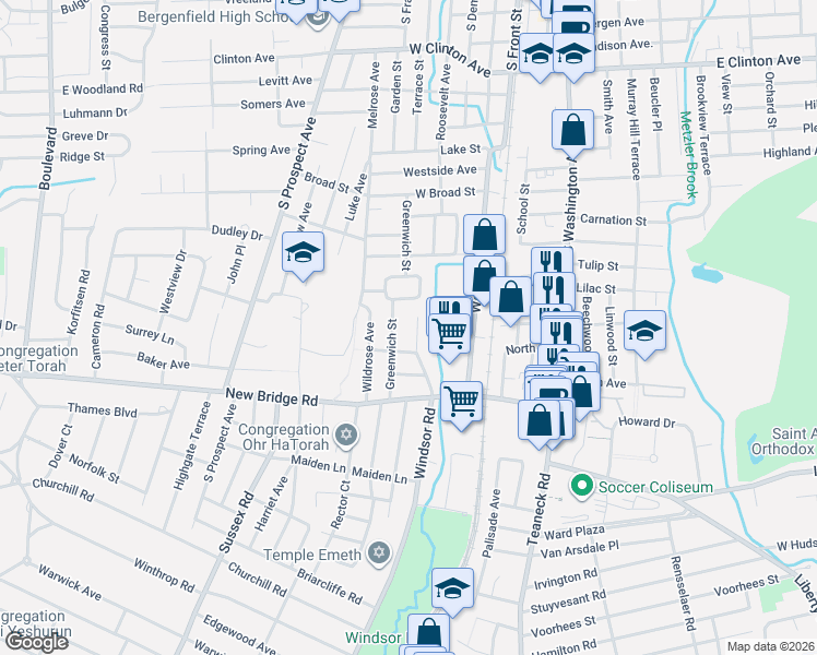 map of restaurants, bars, coffee shops, grocery stores, and more near 401 Windsor Road in Bergenfield