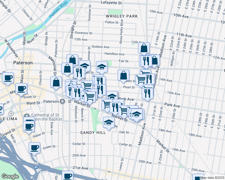 map of restaurants, bars, coffee shops, grocery stores, and more near 149 Park Avenue in Paterson