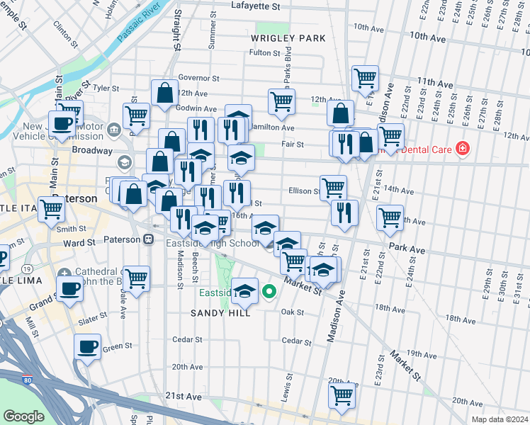 map of restaurants, bars, coffee shops, grocery stores, and more near 149 Park Avenue in Paterson