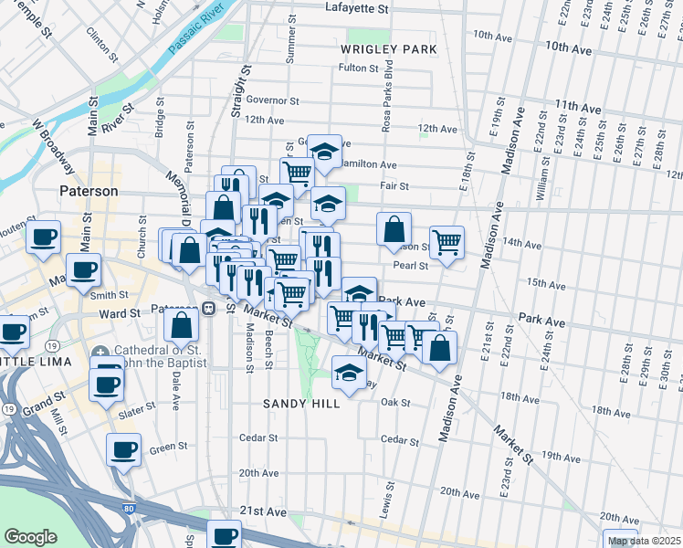 map of restaurants, bars, coffee shops, grocery stores, and more near in Paterson