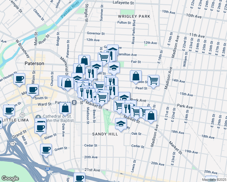 map of restaurants, bars, coffee shops, grocery stores, and more near 115 Park Avenue in Paterson