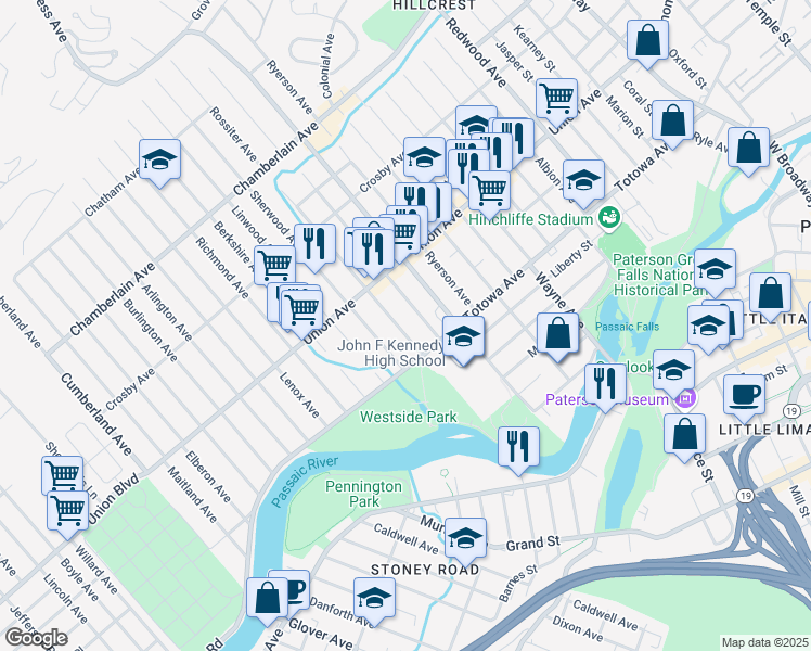 map of restaurants, bars, coffee shops, grocery stores, and more near 11 Rossiter Avenue in Paterson