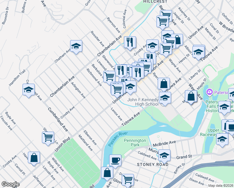 map of restaurants, bars, coffee shops, grocery stores, and more near in Paterson