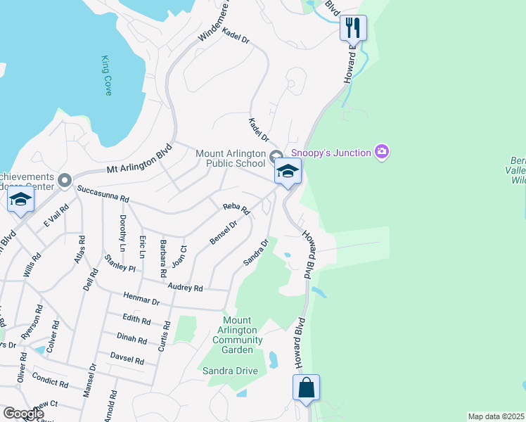 map of restaurants, bars, coffee shops, grocery stores, and more near 501 Bensel Drive in Mount Arlington
