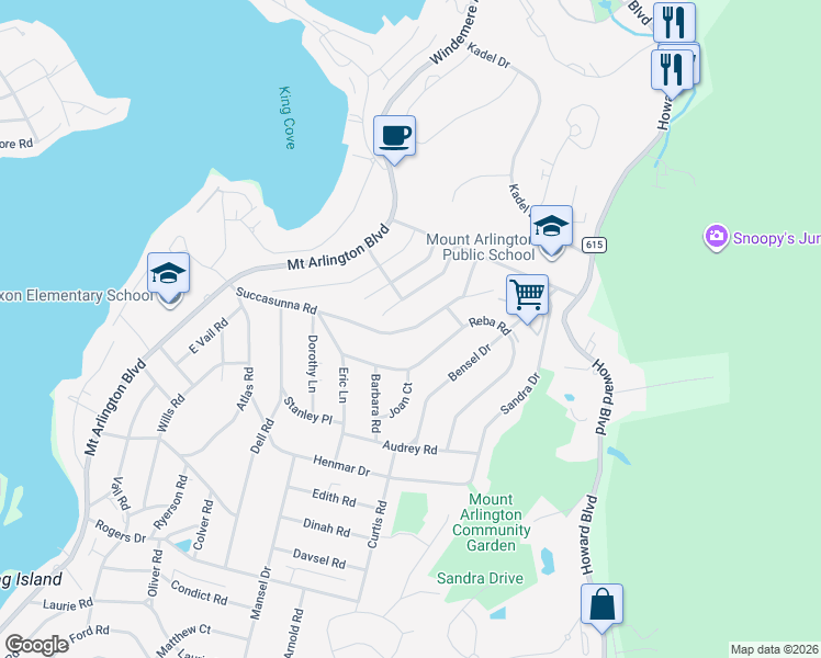 map of restaurants, bars, coffee shops, grocery stores, and more near 697 Reba Road in Mount Arlington