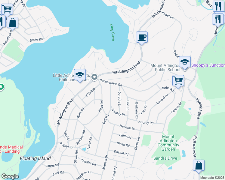 map of restaurants, bars, coffee shops, grocery stores, and more near 596 Dell Road in Roxbury Township
