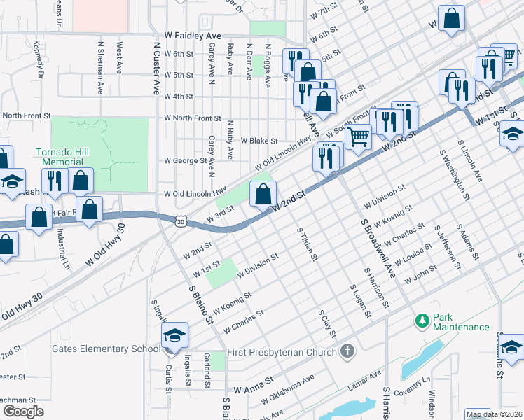 map of restaurants, bars, coffee shops, grocery stores, and more near 150 North Clay Street in Grand Island