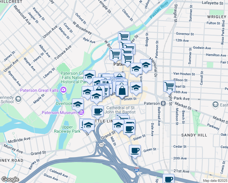 map of restaurants, bars, coffee shops, grocery stores, and more near 97 Market Street in Paterson