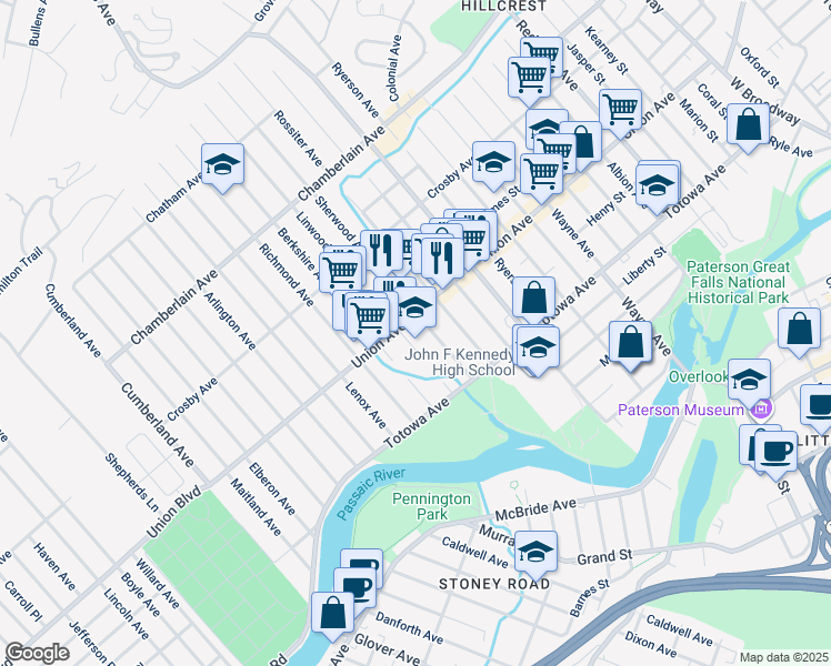 map of restaurants, bars, coffee shops, grocery stores, and more near 202 Union Avenue in Paterson