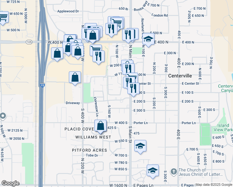 map of restaurants, bars, coffee shops, grocery stores, and more near 88 West 50 South in Centerville