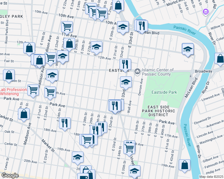 map of restaurants, bars, coffee shops, grocery stores, and more near 272 East 32nd Street in Paterson