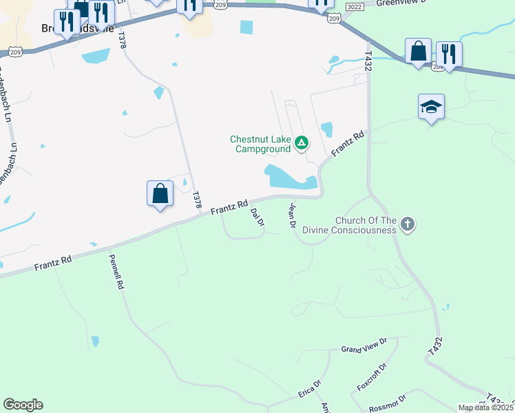 map of restaurants, bars, coffee shops, grocery stores, and more near 496 Frantz Road in Brodheadsville